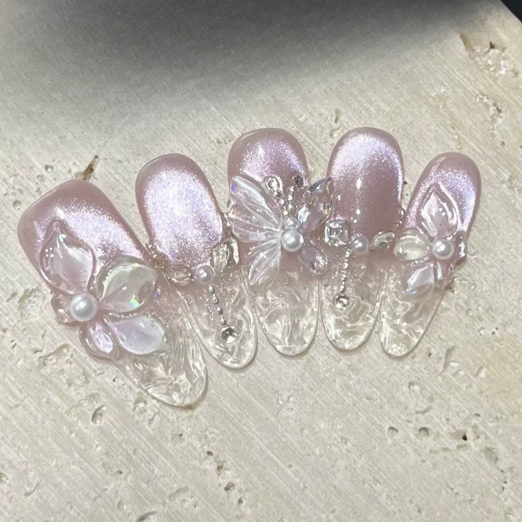 Faux ongles à presser faits main motif fleur de Bauhinia 3D printemps, avec paillettes violettes et 