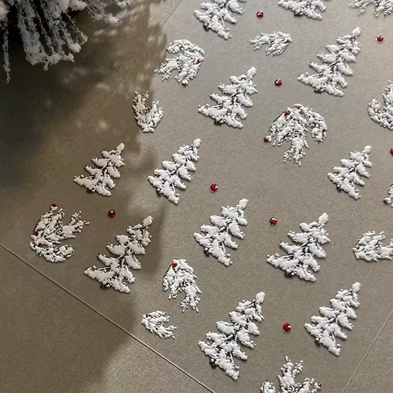 Autocollants pour ongles en relief, arbre de noël, nouveaux autocollants simples à pois blancs, déco