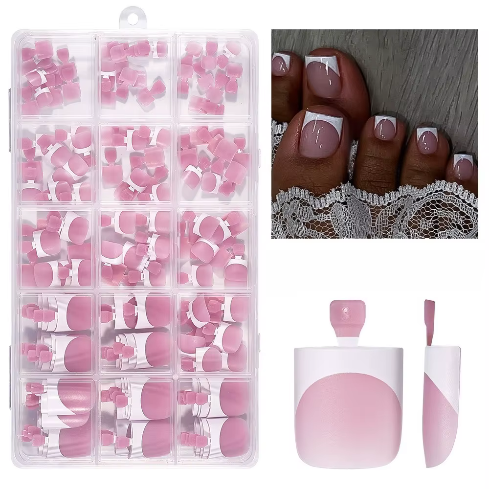 Ensemble d'ongles français en acrylique, 150 pièces, court, carré, brillant, couverture complète, ad