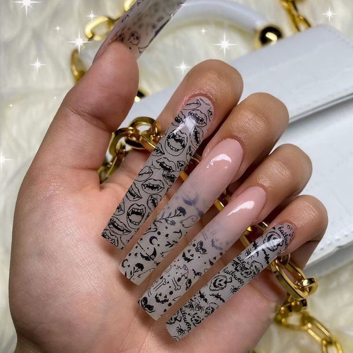 24 pièces brillent dans la nuit faux ongles Extra longs Ballet faux ongles couverture complète porta
