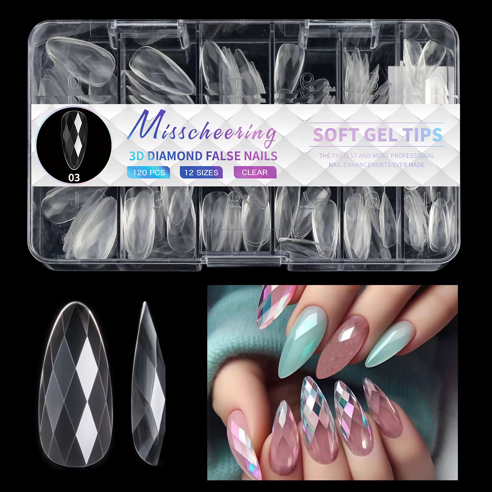 120/140 pièces 3D diamant amande Ballet cercueil faux ongles clair presse sur ongles pour Gel acryli
