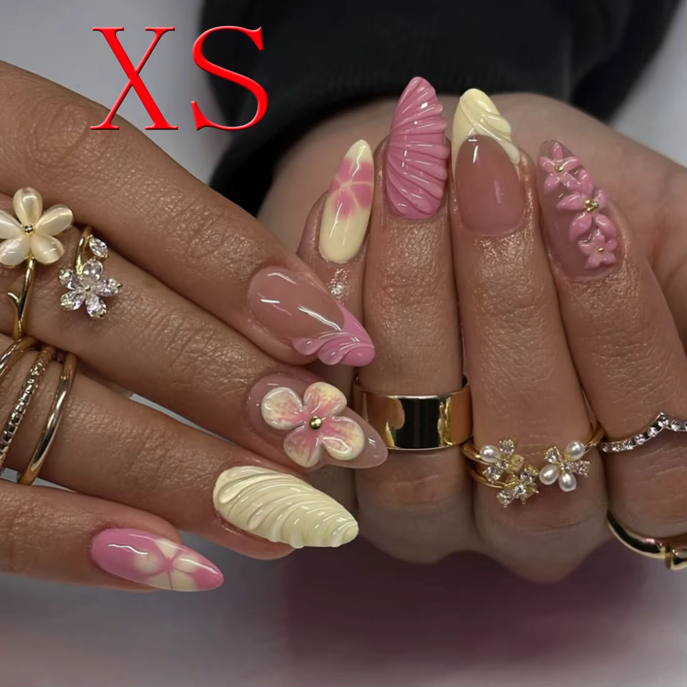 Faux ongles de Style français, couverture complète, en acrylique, avec motifs floraux 3D et coquille