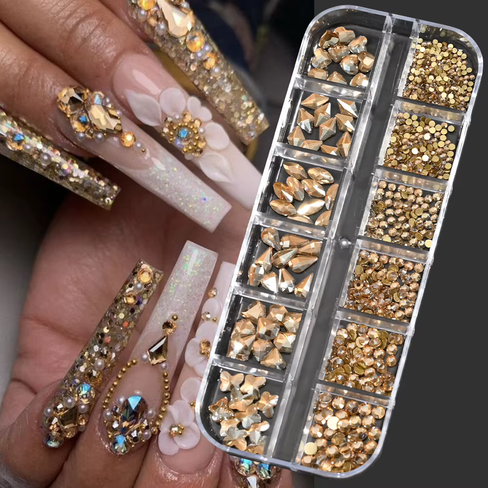 Strass 3D or/Champagne pour Nail Art, 12 grilles, formes mixtes, diamants en verre à dos plat, brelo