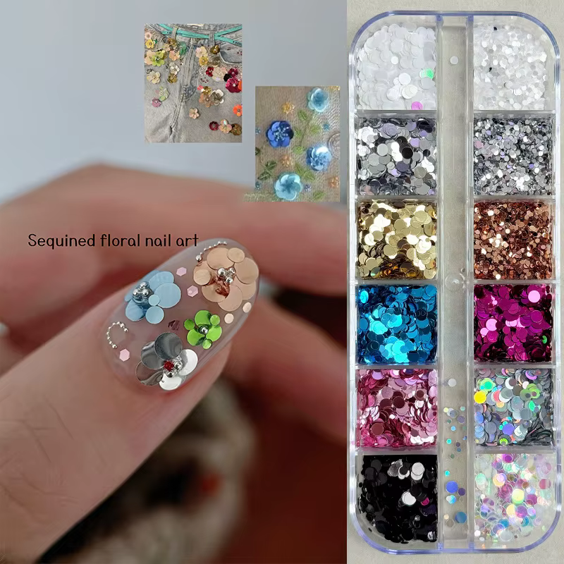 12 compartiments de paillettes à ongles à pois, rondes, mélangées avec des paillettes brillantes pou