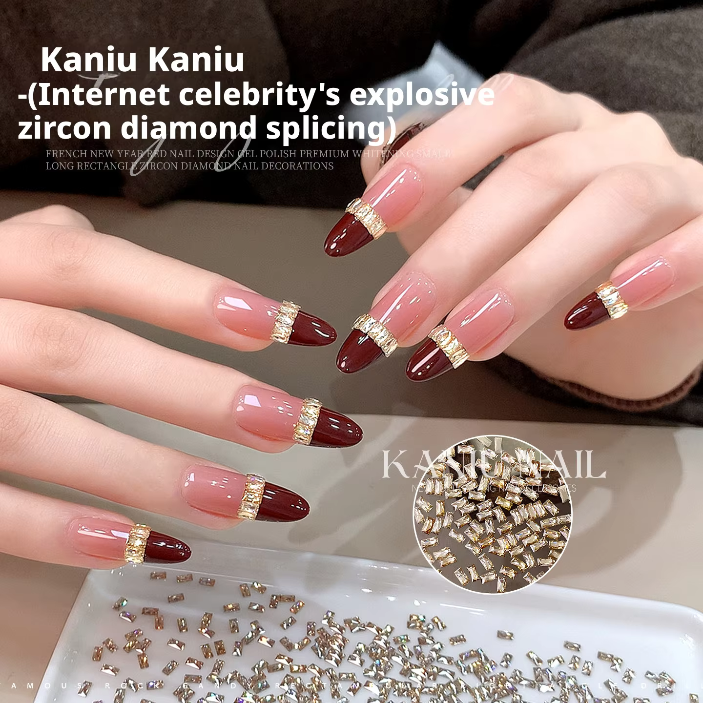 KANIU Champagne ongles rectangulaires zircon blanc transparent 5A clou cristal diamant français rayé