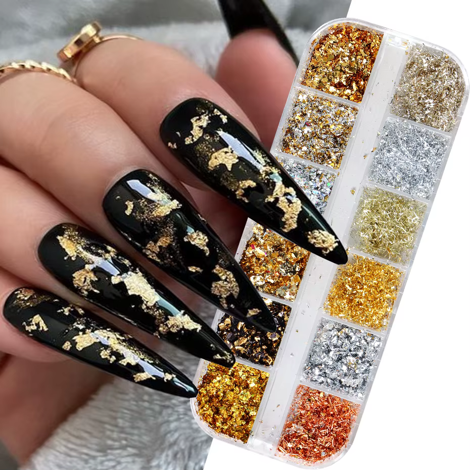 Feuilles d'or pour ongles magnifiques, 12 couleurs, paillettes aléatoires, flocons d'aluminium, puce