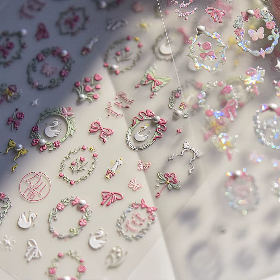 Autocollants pour ongles en cristal et diamant, mélange de fleurs de cygne rose, cadre papillon, aut