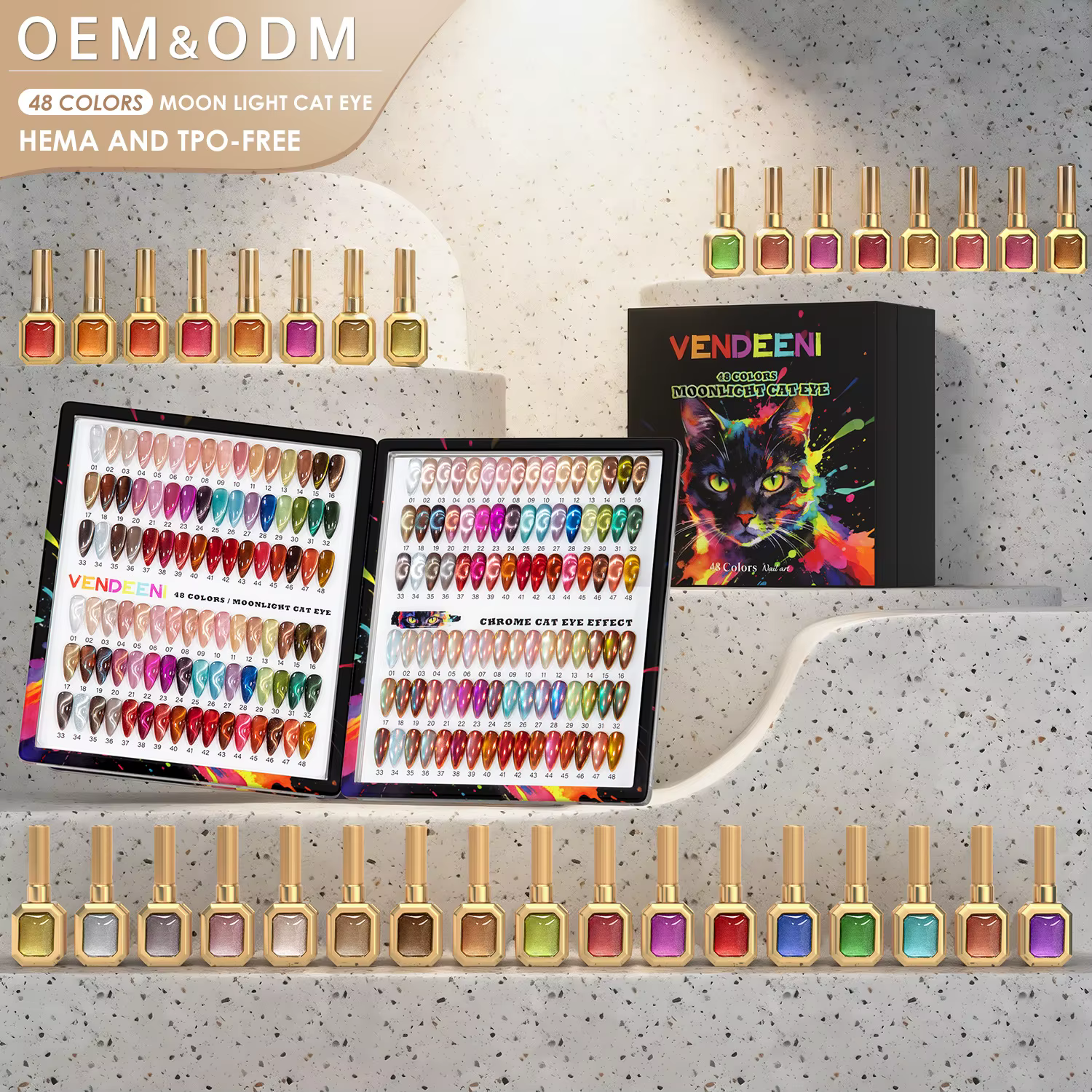 Vendeeni Nouveau Kit de Gel Effet Œil de Chat Clair de Lune 48 Couleurs avec Nuancier, Gel Vernis à