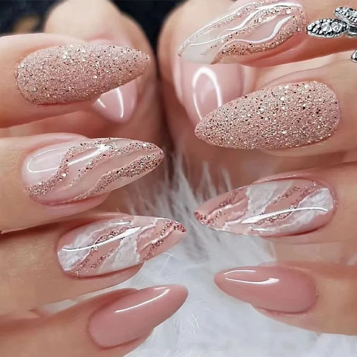 24 pièces longues d'ongles à paillettes françaises avec 1 morceau de colle gelée et 1 lime à ongles