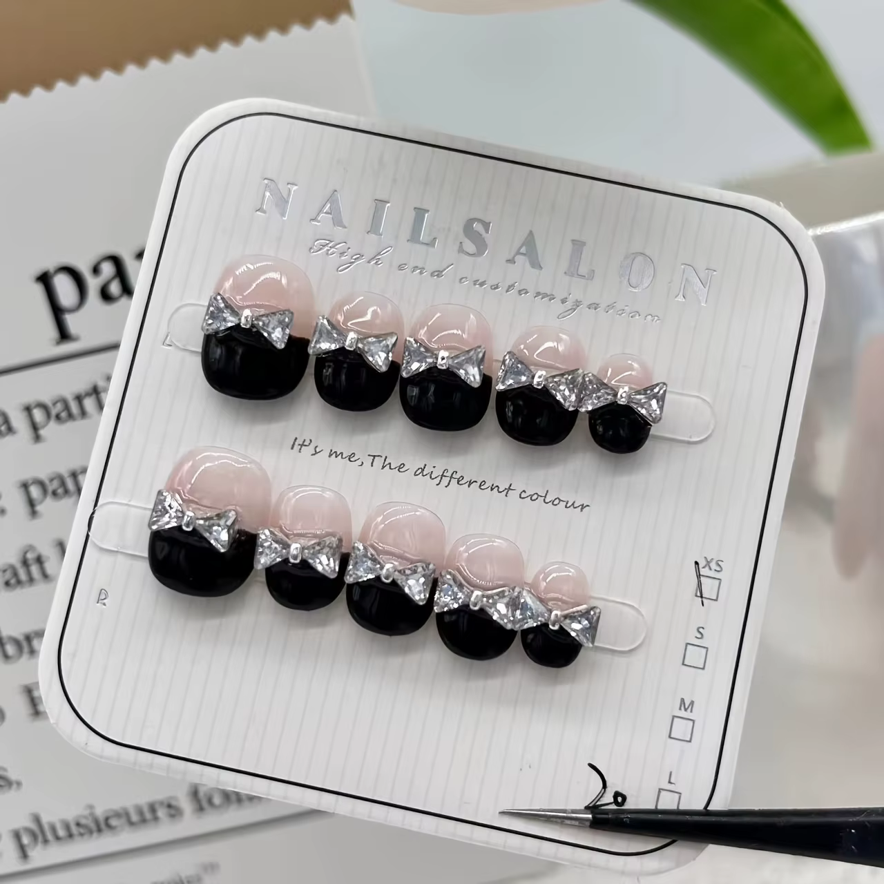 10 pièces ongles à pression faits à la main ongles à paillettes à nœud français noir, patch à ongles