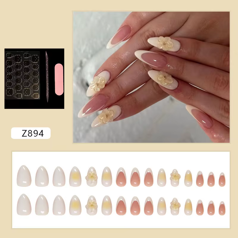 Faux ongles à presser en amande, dégradé nude, style French, avec fleur de pêche 3D, amovibles, pour