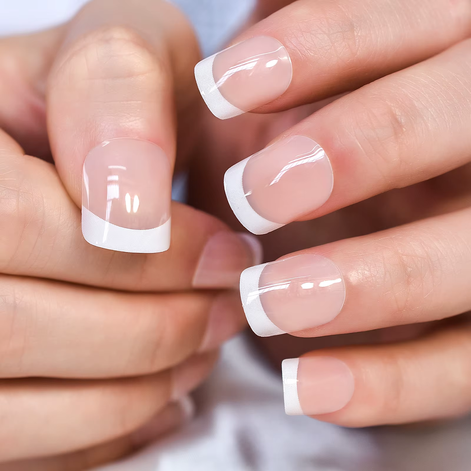 Faux ongles de Style français, pointe blanche nue naturelle, brillant, à pression, ensemble de manuc