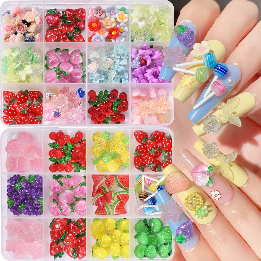 Breloques 3D pour ongles, mélange de Fruits, sucette, fleur, cerise, fraise, pastèque, décorations N