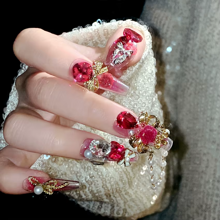 24 pièces nouvel an métal lourd presse sur ongles mariée chinoise mariage faux ongles couverture com
