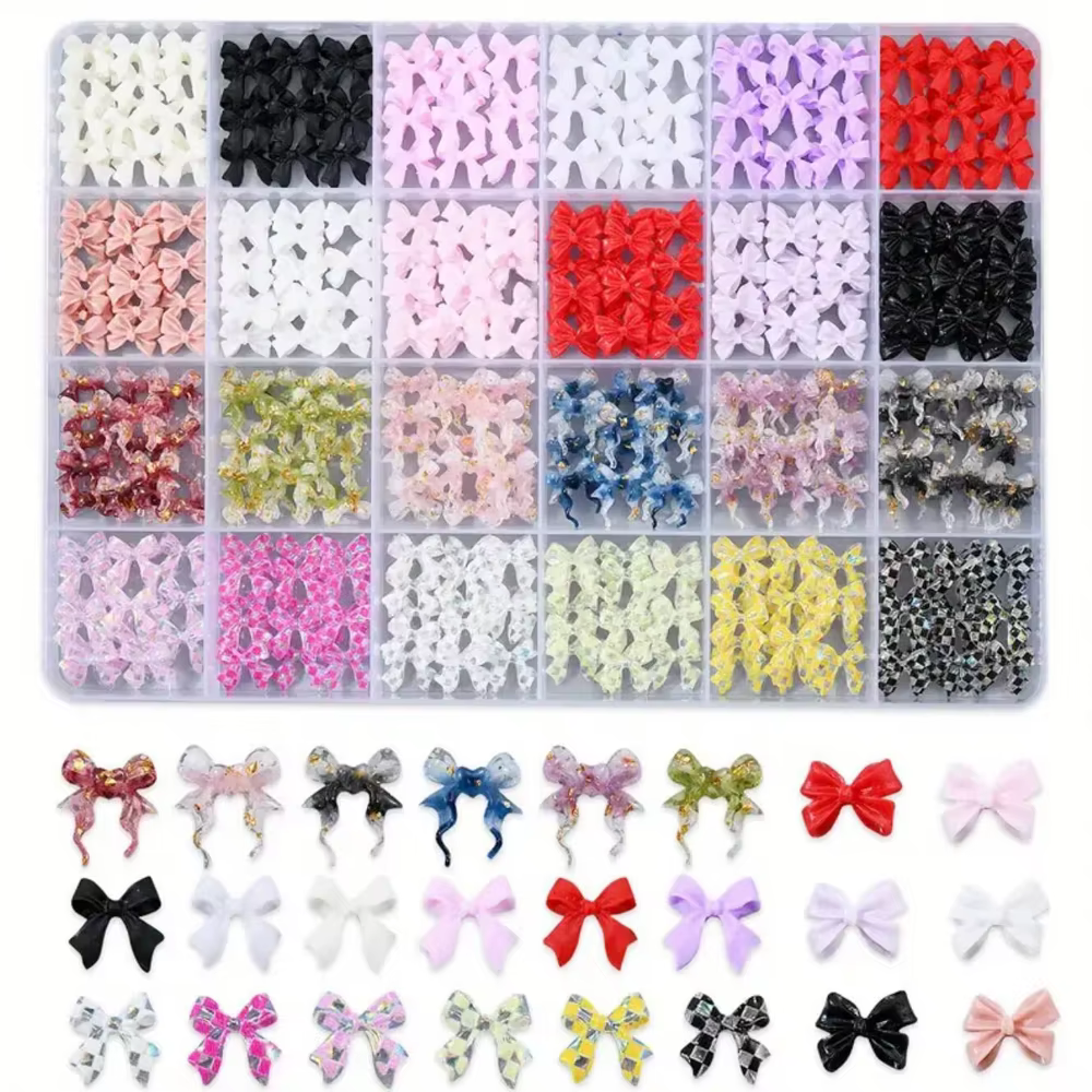 Breloques pour ongles avec nœud papillon/ruban 3D, 12/24 grilles, nœuds en résine Kawaii Y2K, strass