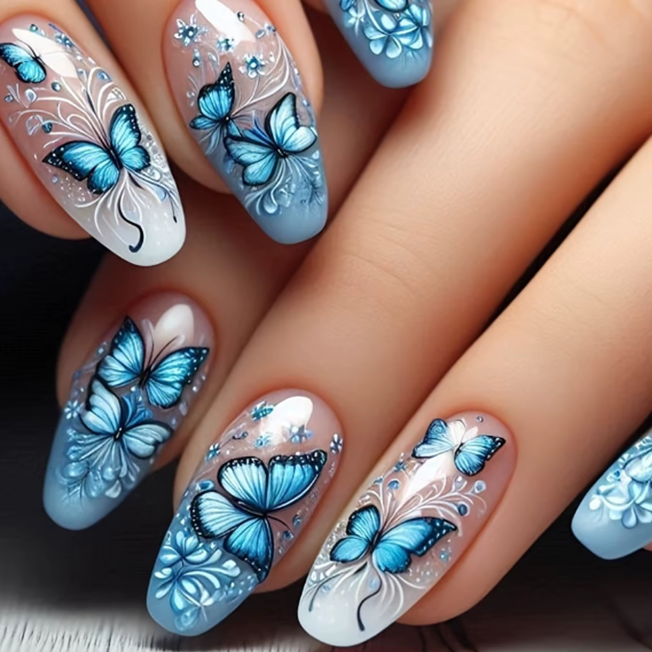 Faux ongles bleus en forme de ballet, motif papillon bleu, décoration à motif de fleurs bleues, déli