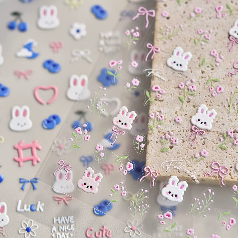 Autocollants pour ongles lapin 5D Kawaii, 1 pièce, dessin animé en relief, fleur rose bleue, adhésif