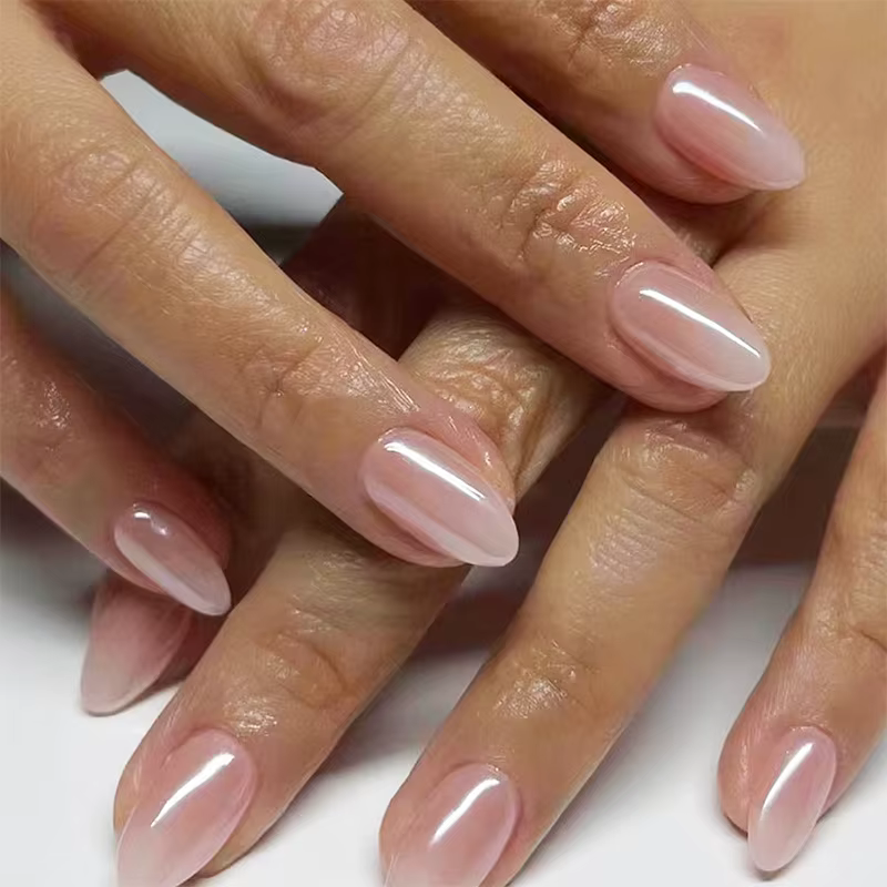 Faux ongles couleur chair unie, avec colle gelée, courts, à pression en amande, portables, ovales, c