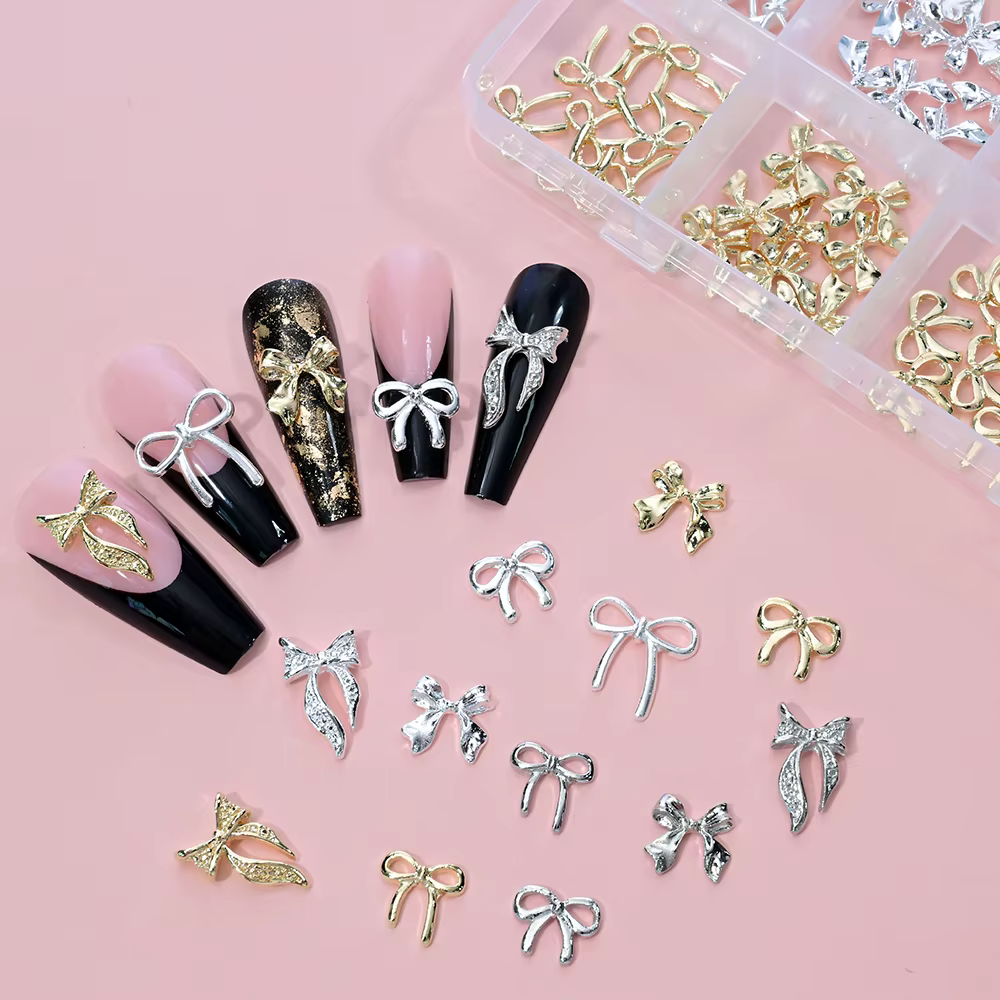 96/50 pièces 3D nœud papillon/ruban métal Nail Art breloques argent/or alliage arcs ongles strass dé