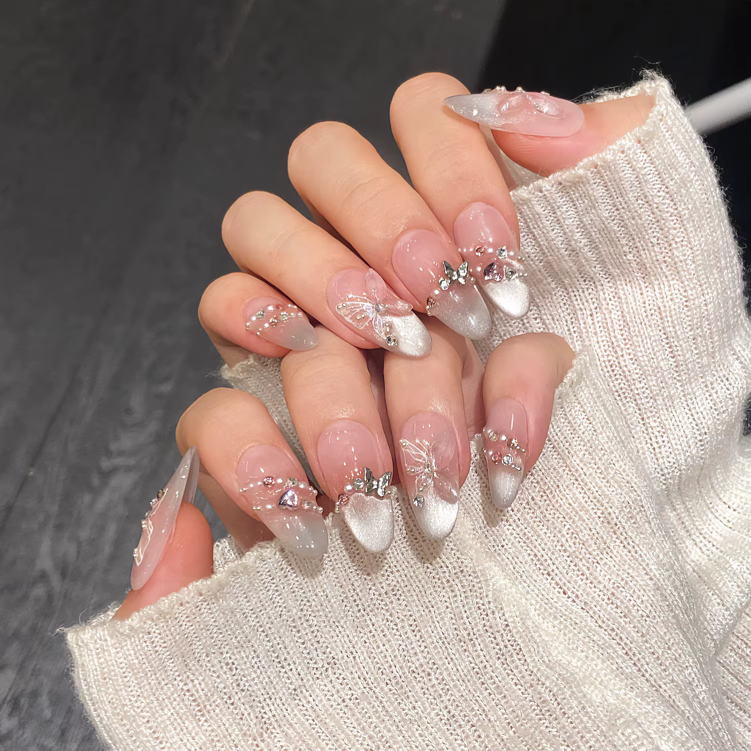 10 faux ongles réutilisables avec motif papillon, œil de chat rose, style français, faits à la main,
