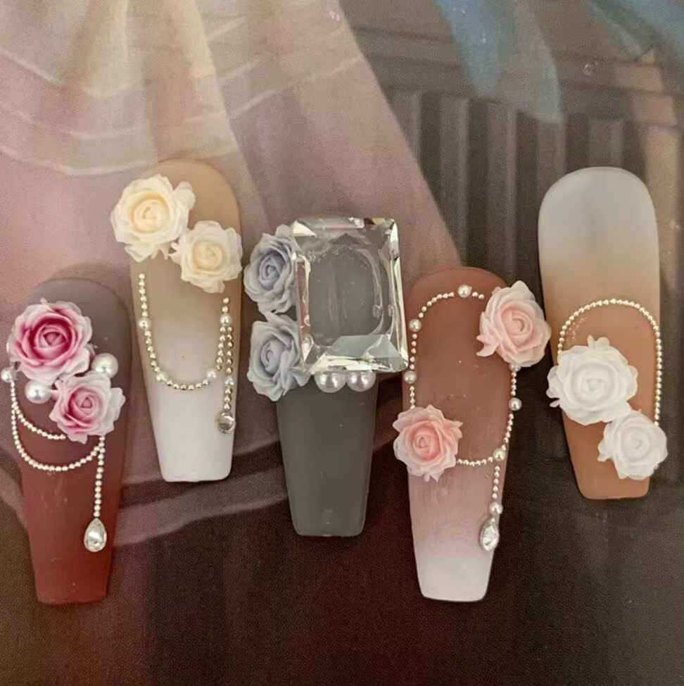 Breloques pour ongles en résine mixte 3D, 12 grilles, fleur de Rose, strass à dos plat, bricolage, d