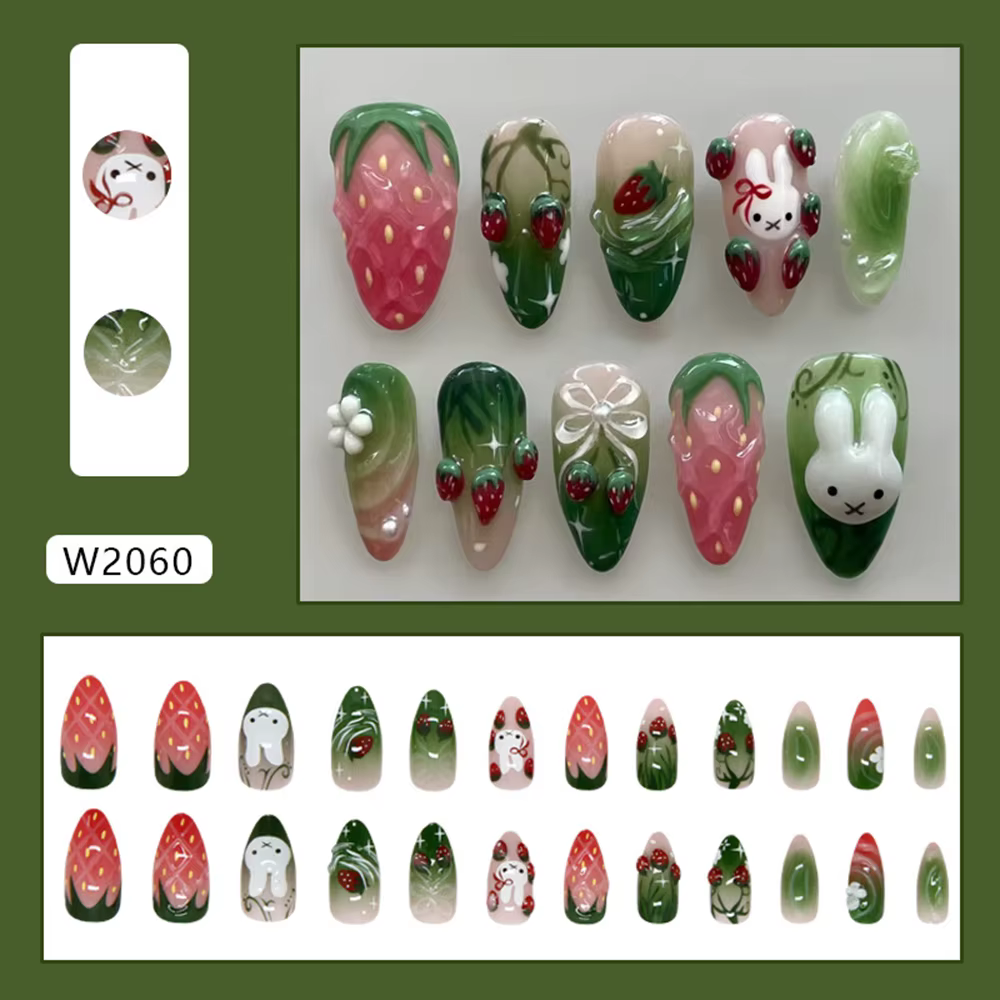 Y2K 24 pièces/paquet Faux ongles à presser motif fraise, lapin, amande, gelée de fruits, à porter, a