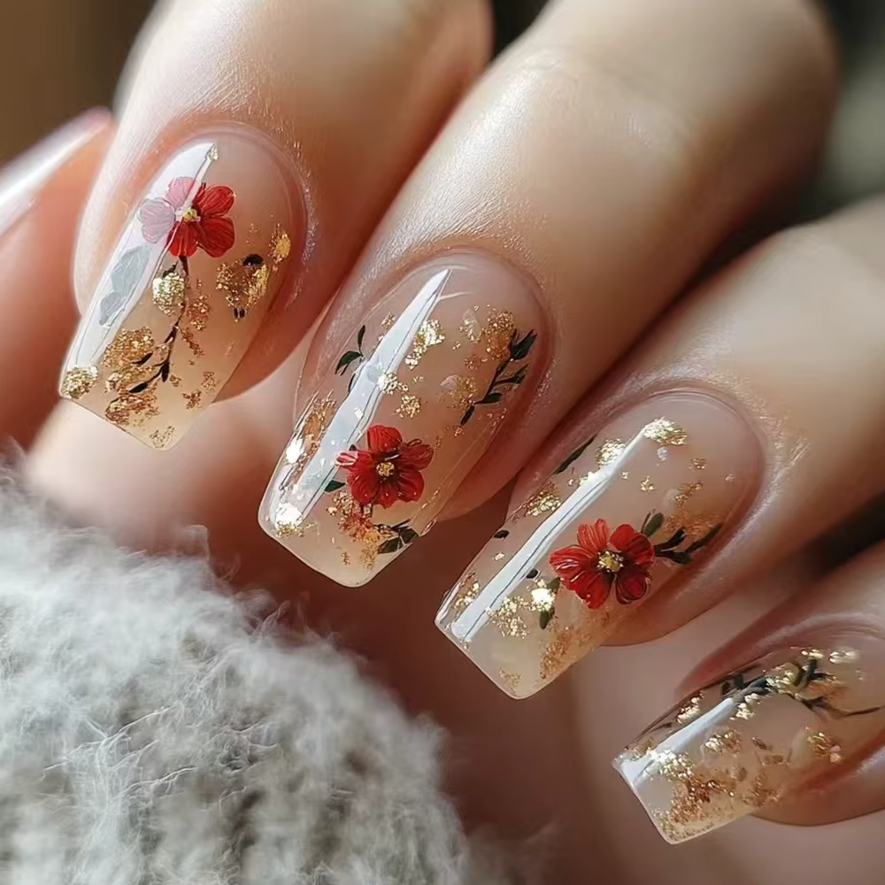 Faux ongles carrés courts et floraux, 24 pièces, avec colle, couleur unie, presse sur ongles en acry