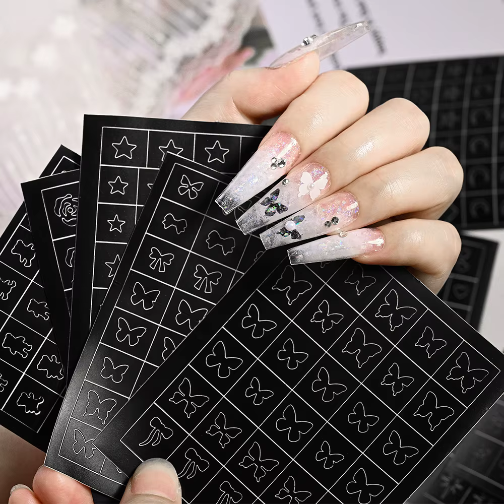 Autocollants pour ongles, pochoir d'aérographe, 24 modèles, 1 pièce, papillon/cœur/ligne française, 