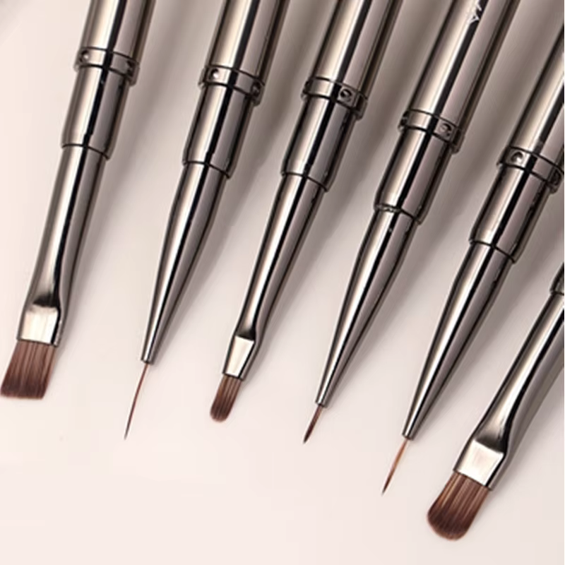 Brosse à ongles à Double tête avec manche en métal, brosse de revêtement, stylo de peinture, brosse