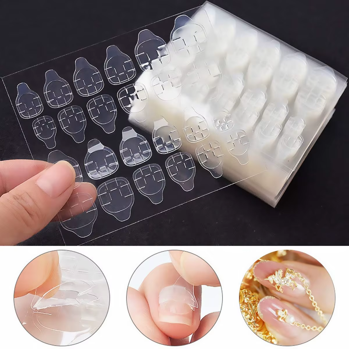 20 feuilles d'autocollants adhésifs pour ongles, double face, transparents, pour faux ongles, aspect