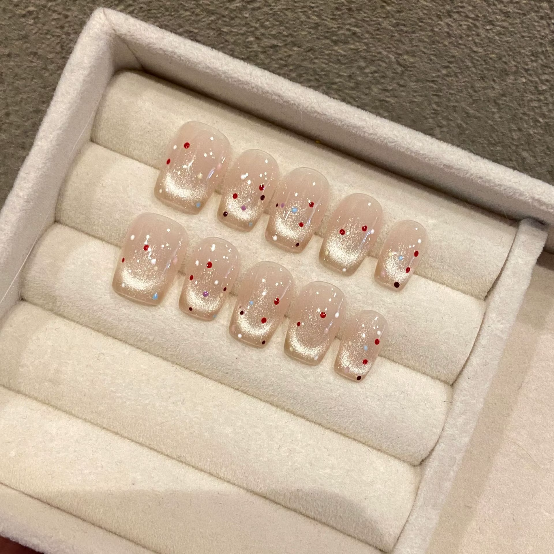 10 faux ongles en forme de cercueil faits à la main, style rétro français à pois, effet œil de chat,