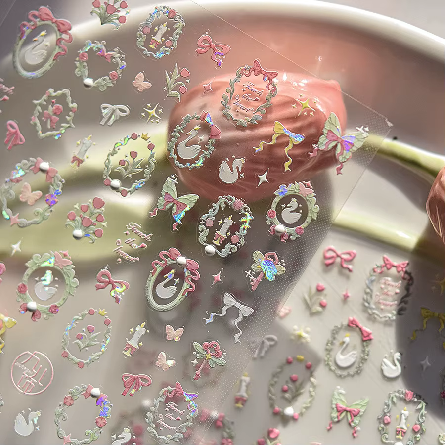 Autocollants pour ongles en cristal et diamant, mélange de fleurs de cygne rose, cadre papillon, aut