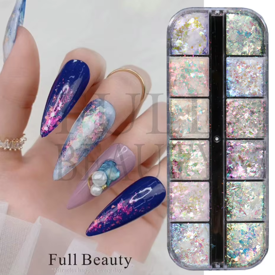 12 grilles irisées pour ongles, aurore, paillettes de cristal, flocons de feu, holographiques scinti