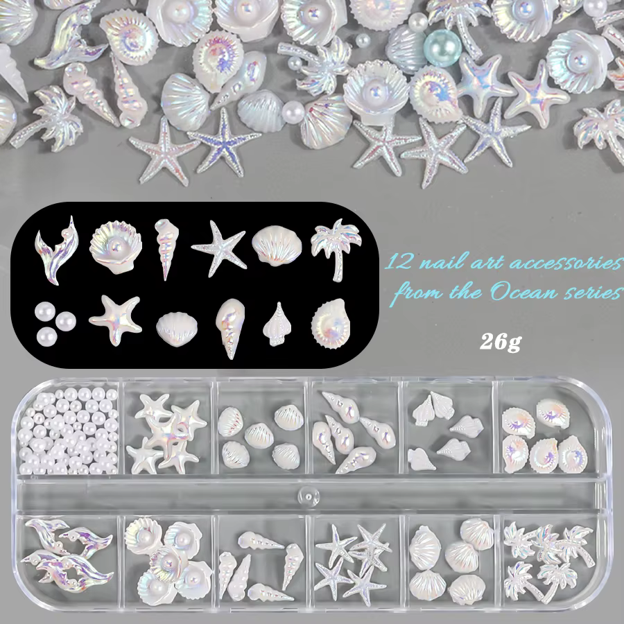 12 compartiments de décorations pour nail art style océan estival, en coquillages naturels d'ormeau