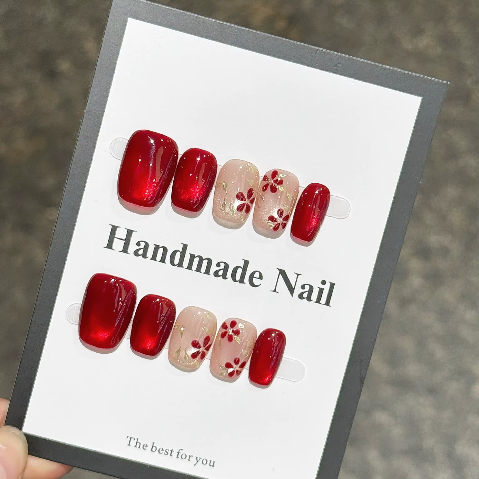 Faux ongles œil de chat rubis, faits à la main, scintillants, à pression, tempérament élégant, Nail