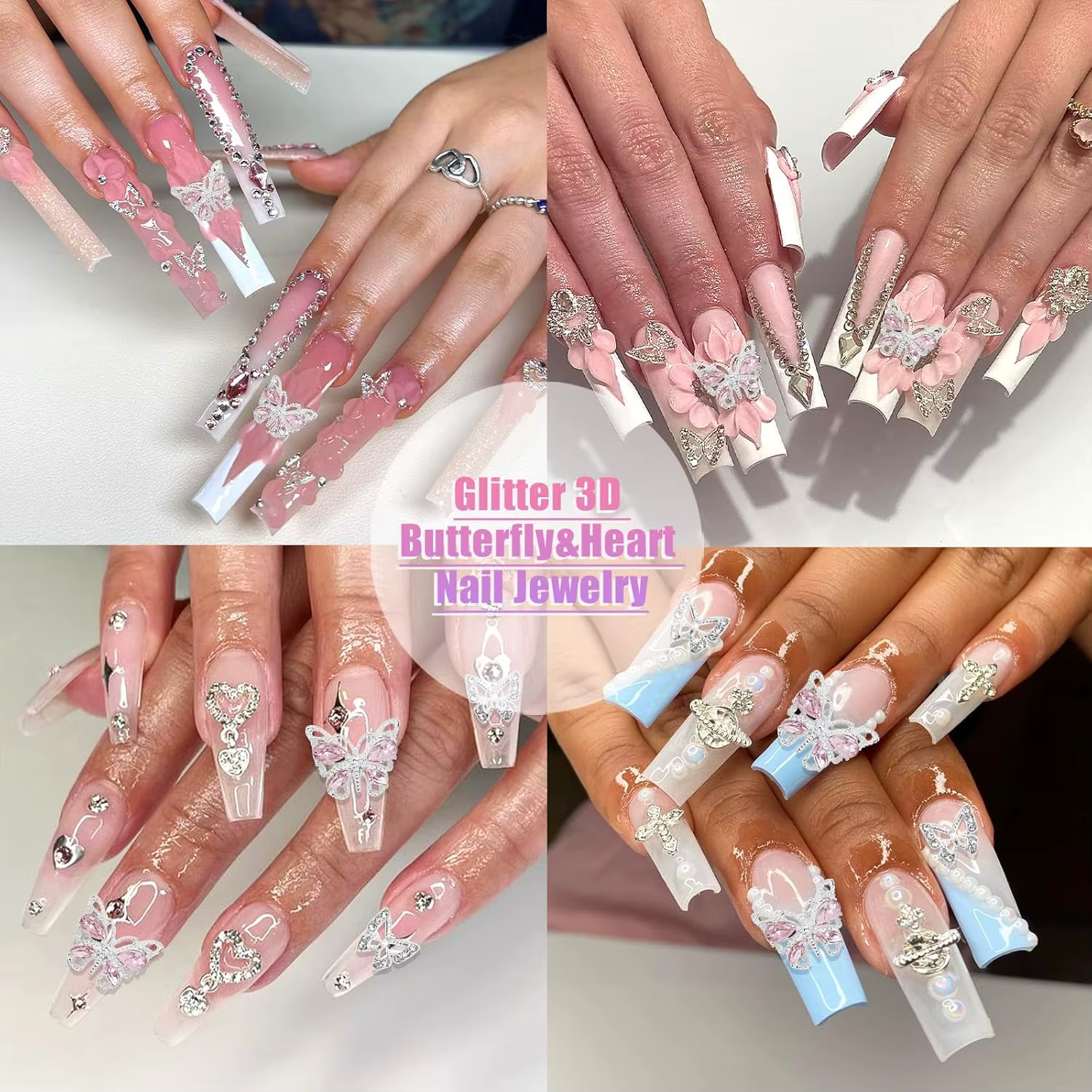 47 pièces 3D papillon ongles breloques argent croix Nail Art breloques balancent coeur breloques pou