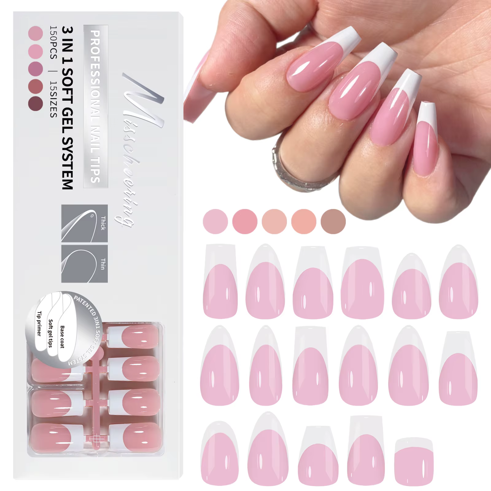 150 pièces cercueil amande Gel doux presse sur les ongles 3 en 1 pointes d'ongle français amovibles 