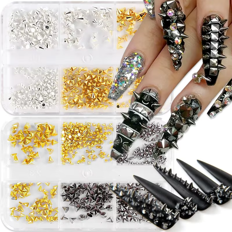 Rivets pour ongles Punk, 6 grilles, pointes, goujons métalliques, cône rond or/argent/noir, breloque