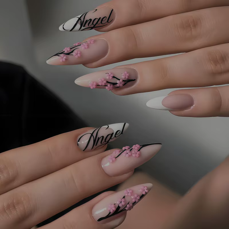 Kit de nail art 24 pièces best-seller, motif cerisier rose sur base noire, avec autocollants pour on