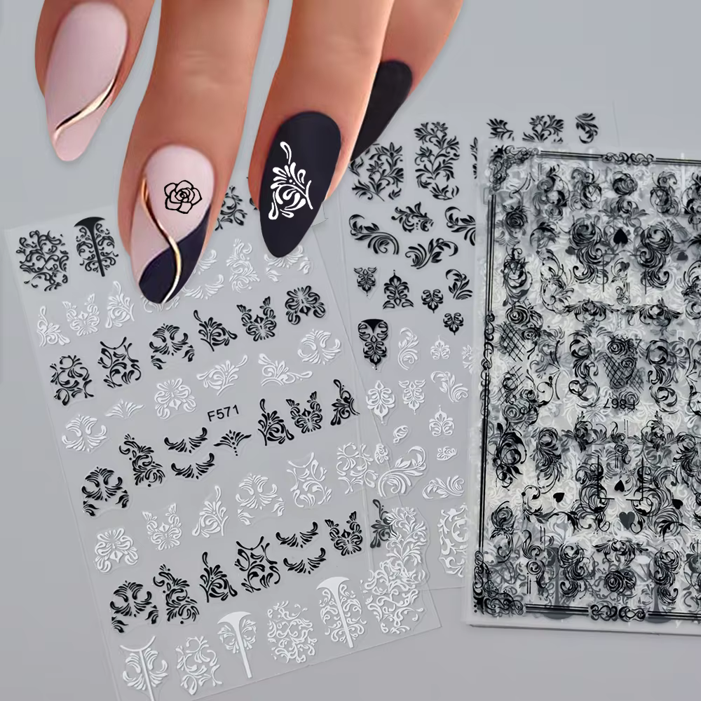 Autocollants 3D fleurs en dentelle noire et blanche pour Nail Art, étiquette auto-adhésive à ligne g