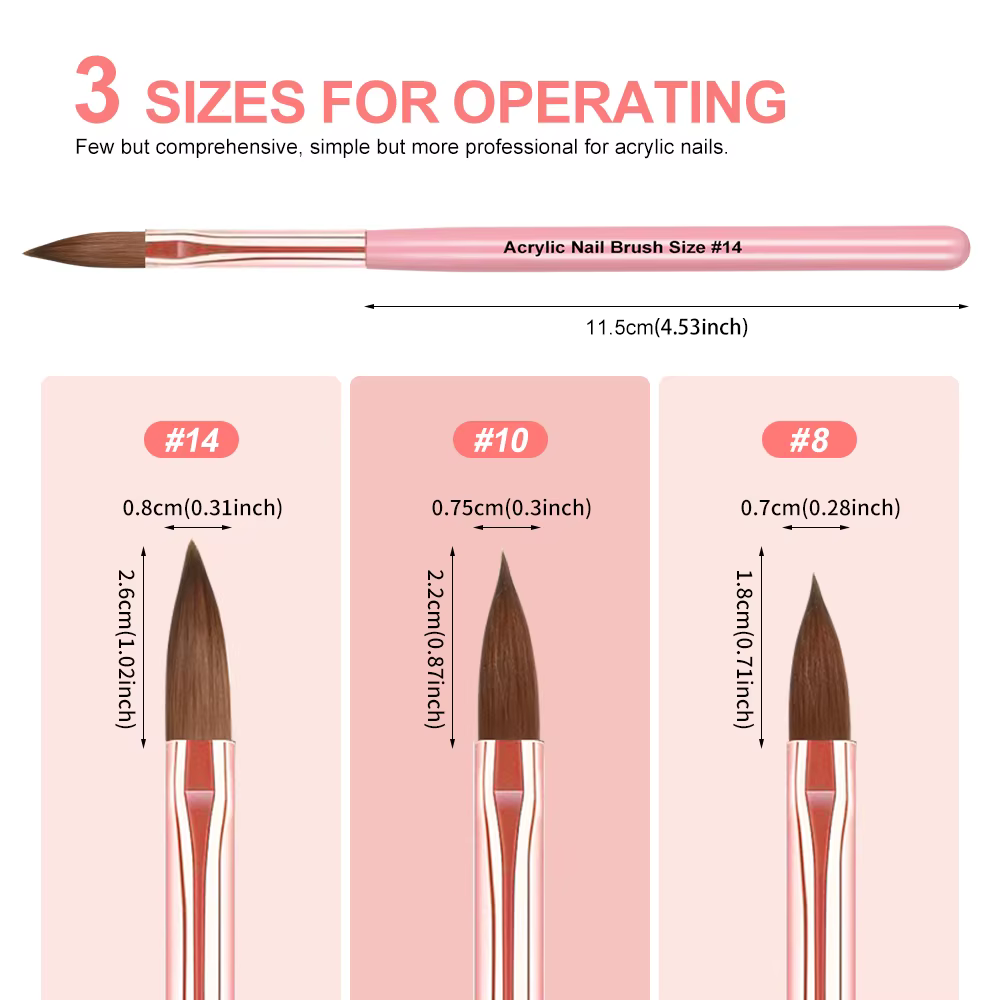 3 pièces 8/10/14 #   Kolinsky acrylique brosse à ongles Poly Extension Gel brosse vernis à ongles sc