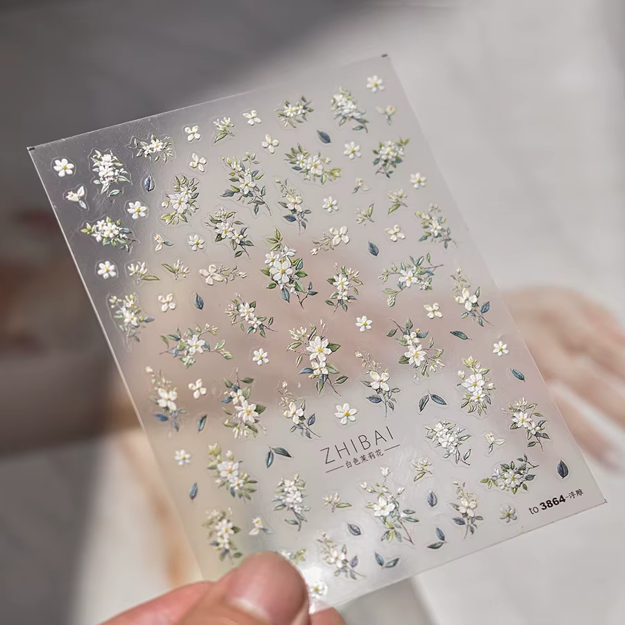 Autocollants pour ongles fleur de jasmin à paillettes 5D, 1 pièce, fleur en relief Kawaii, décoratio