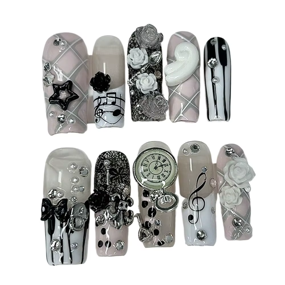 Notes musicales rétro Vintage mignon rose français à la main presse sur les ongles 3D Rose arc perle