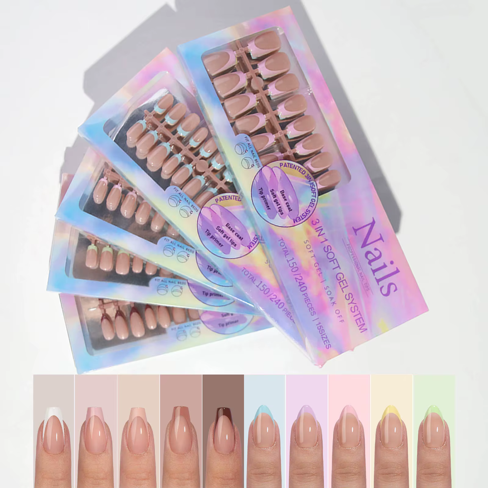 150 pièces 6 couleurs faux ongles multi-tailles faux ongles presse sur ongles acryliques amande fran