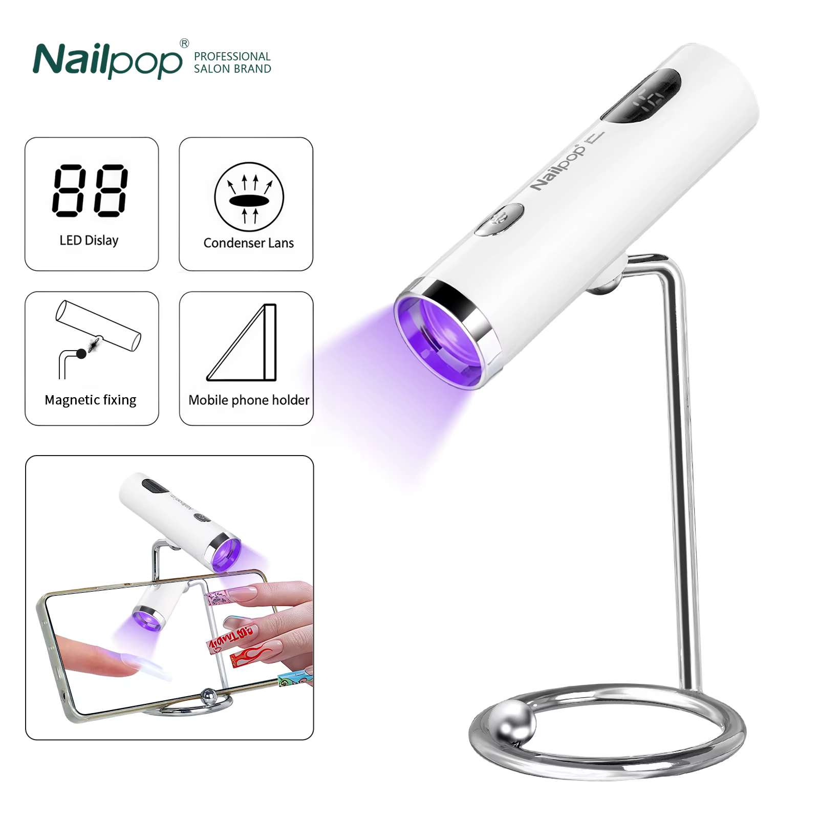 Nailpop lumière UV avec Stanp Mini lampe de traitement des ongles Portable Rechargeable sèche-ongles
