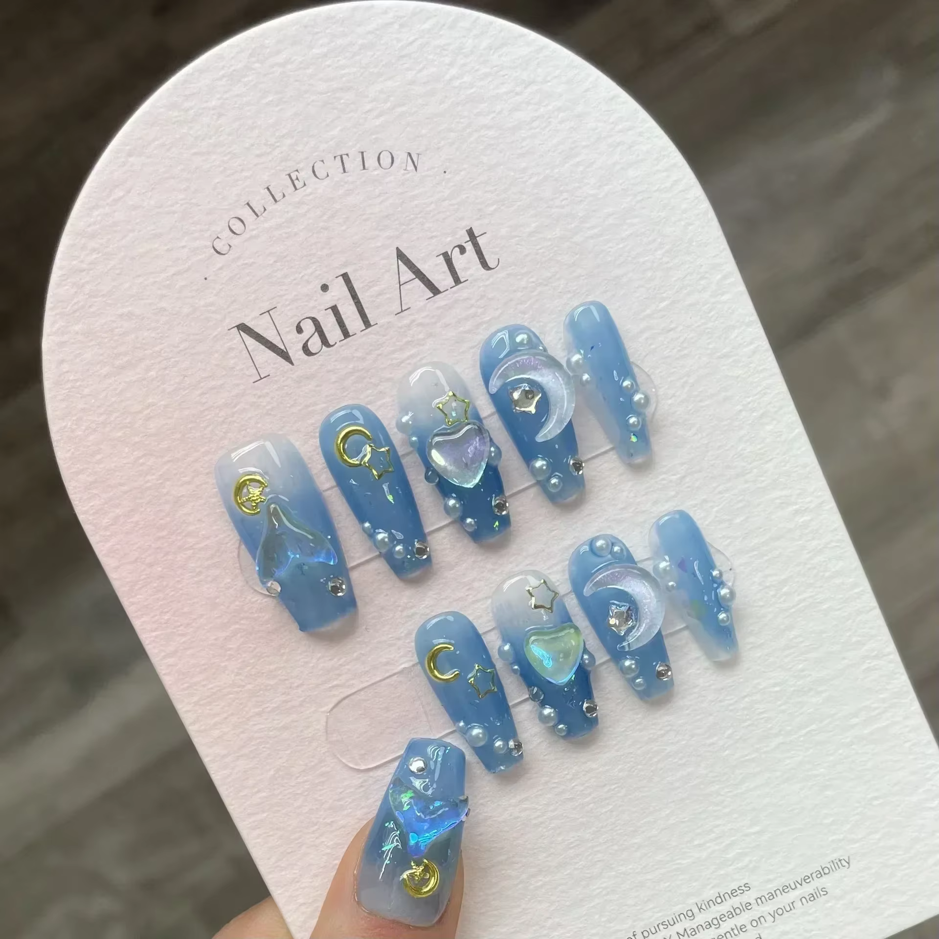 10 pièces presse à la main sur les ongles longs Ballet bleu faux ongles avec 3D océan lune strass co