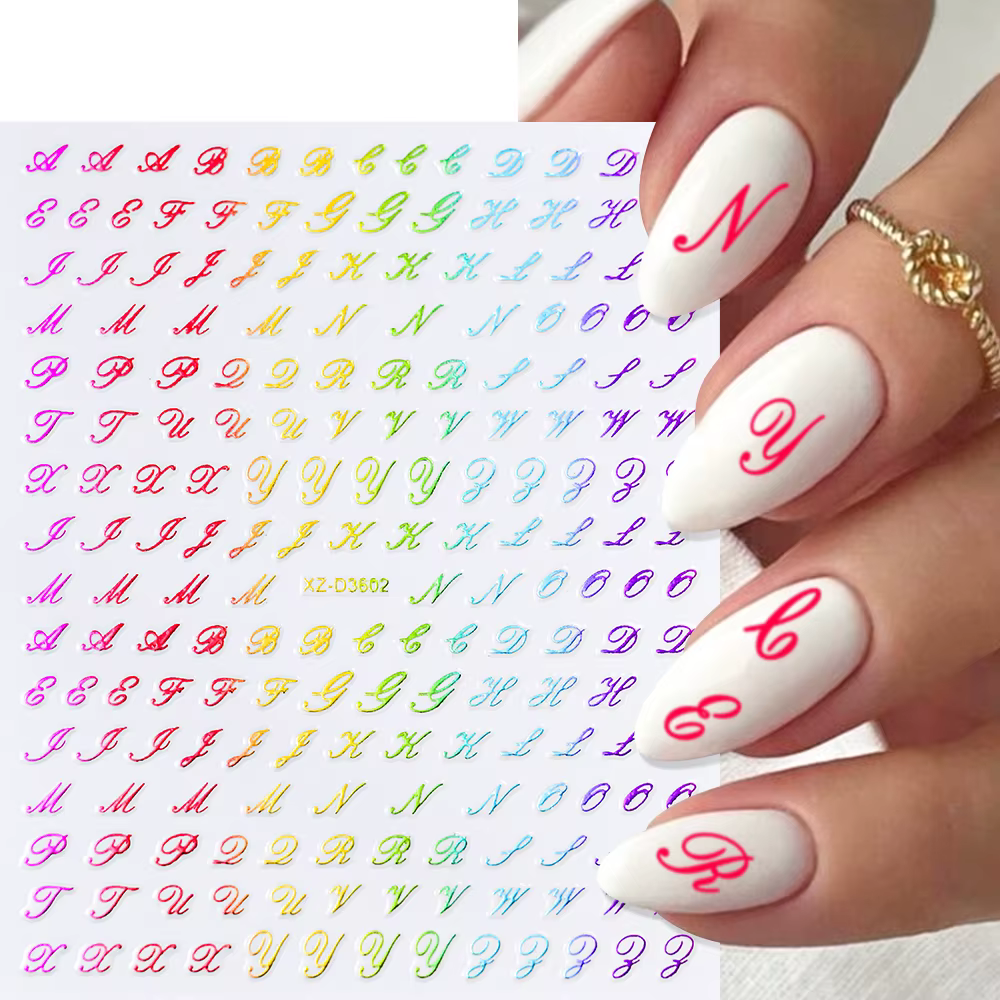 Autocollants pour ongles avec lettres romaines 3D, 1 pièce, or/argent/noir/Laser Alphabet, décalcoma