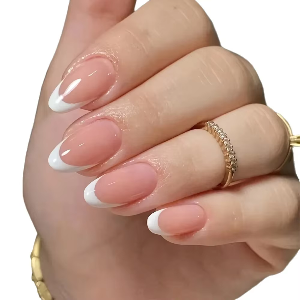 Faux ongles courts en forme d'amande, couleur chair et brillante, colle blanche pointue, en acryliqu