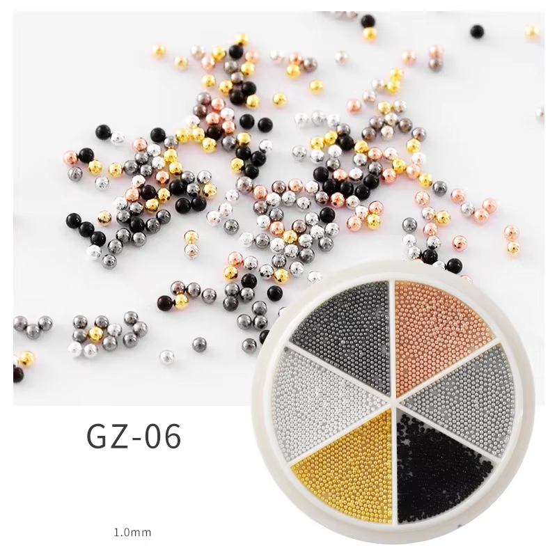 Petites perles de Caviar en acier pour Nail Art, 6 grilles, 0.8 à 1.5mm, taille mixte, Design 3D, or