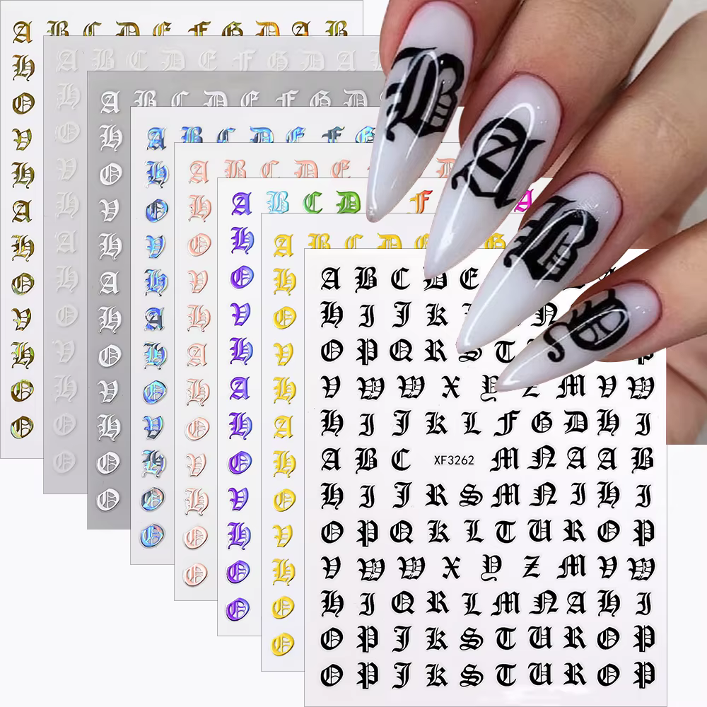 3D paillettes gothique lettre Design Nail Art autocollants majuscules Alphabet lettres conceptions a